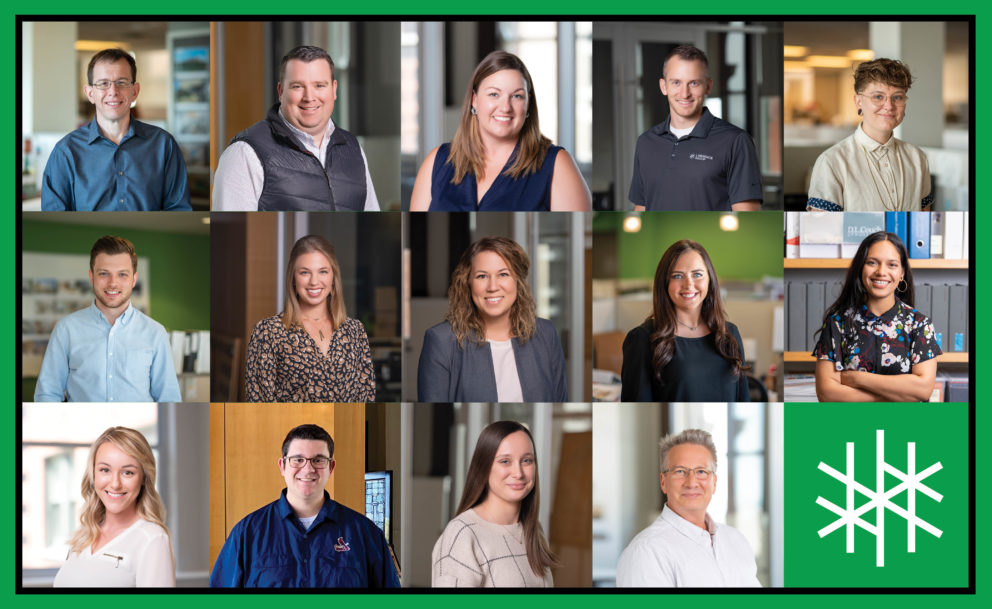 A variety of professional headshots are arranged in a grid over a backdrop colored after the Lawrence Group green. In the bottom right corner, the Lawrence Group logo is present in white.