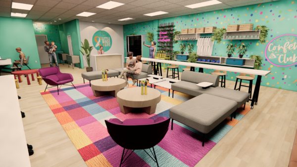 An architectural rendering showcasing a number of people enjoying a bright, open, positive space, with 3 Little Birds branding adorning the walls of the room